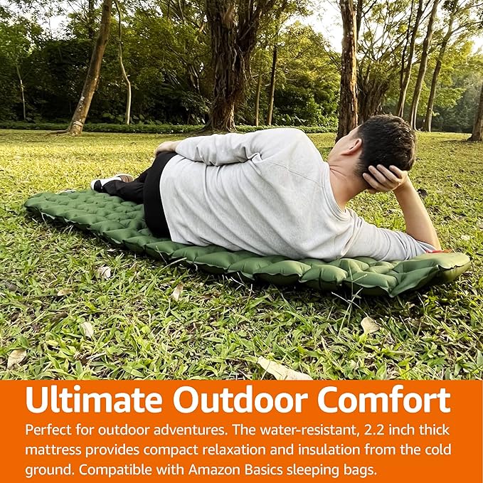 Amazon Basics Camping Sleeping Pad with Quick-Inflate Built-in Foot Pump Water Resistant Ultralight Portable for Hiking and Backpacking Olive Green