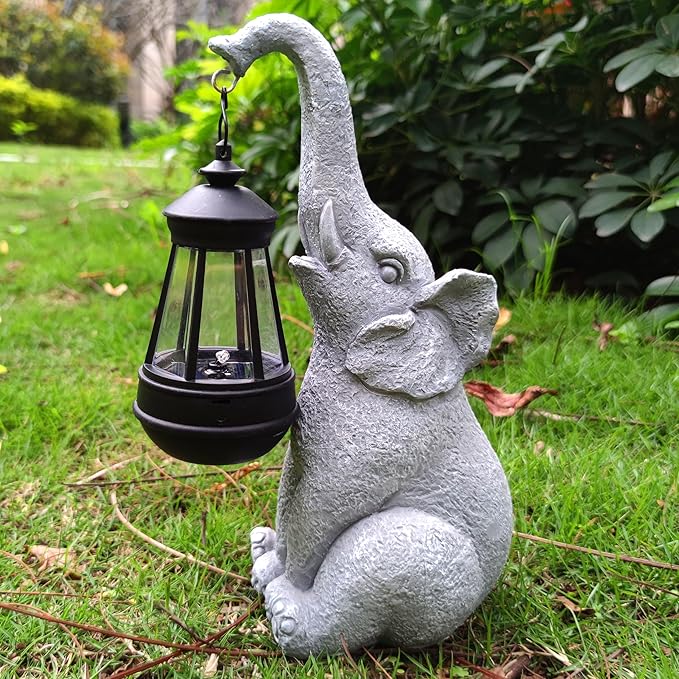 Elephant Solar Garden StatuesResin Elephant Figurine Decorations with Solar Lights Lantern Outdoor Figurines Lawn Garden Statue Decor Art for LawnYard Balcony Ornament.