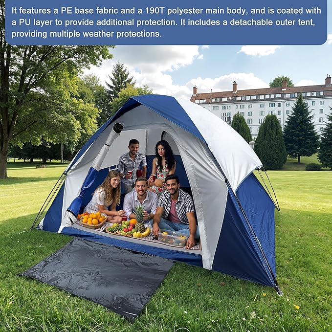 XL Tent 6 Person Dome Camping Tent Double Layer Waterproof Removable Rain Fly for Outdoor Hiking Fishing (6 People Blue)