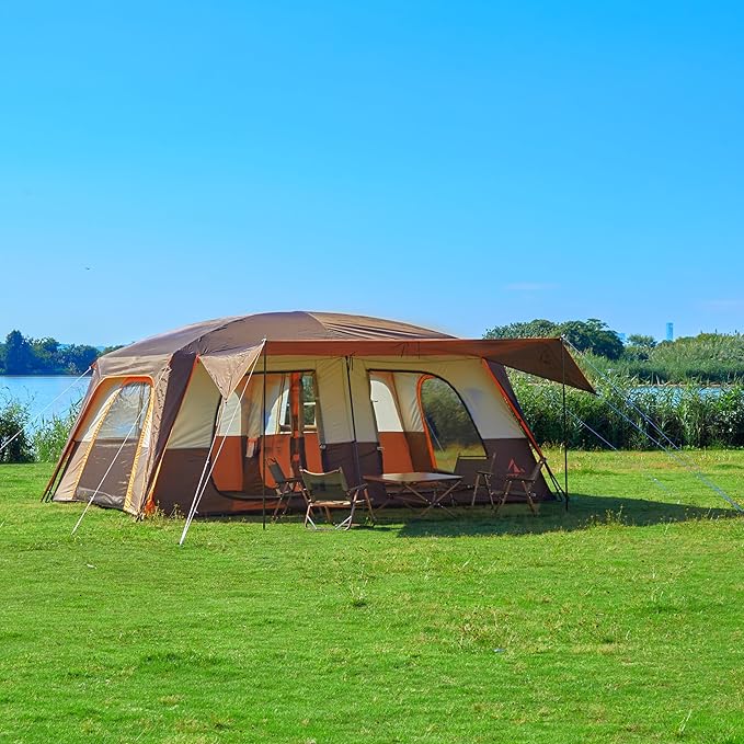 KTT Extra Large Tent 12-14 PersonFamily Cabin Tents2 RoomsStraight Wall2 Doors 4 Windows with MeshWaterproofStraight WallBig Tent for OutdoorPicnicCampingGathering(Brown)
