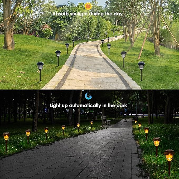 10 Pack Solar Pathway Lights Outdoor - Bright Solar Powered Garden Lights with Flickering Flame Auto On/Off Waterproof Path Lights Decorative Landscape Lighting for Yard Patio Walkway Driveway