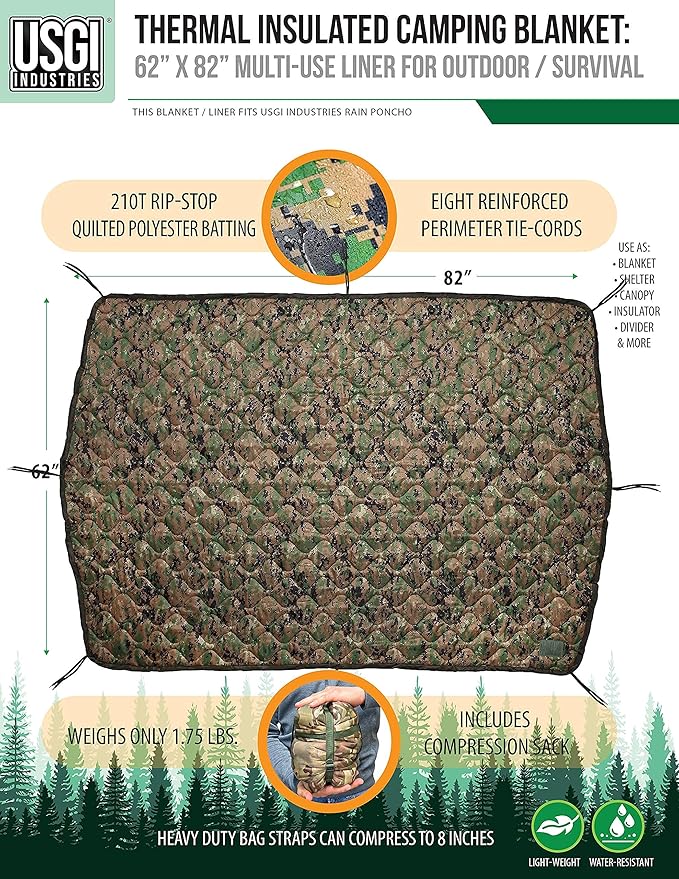 USGI Industries Military Woobie Blanket | Thermal Insulated Camping Blanket Poncho Liner | Large Portable Insulation Water-Resistant for Hiking Survival | Compression Carry Bag