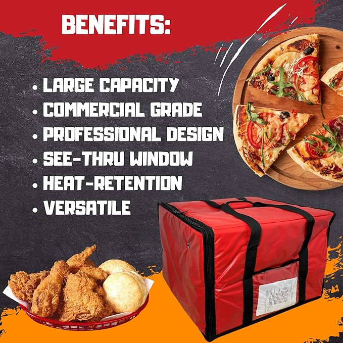 FSE Insulated Pizza Food Delivery Bag Carrier 18 Inch x 18 Inch x 13 Inch Breathable Design Fits Five 16 Pizza Boxes or Four 18 Pizza Boxes for Hot or Cold Items Red
