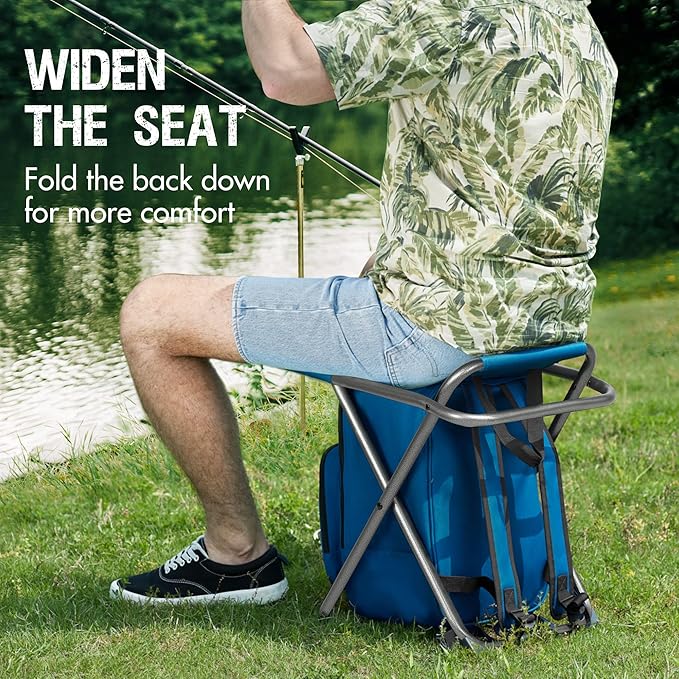 PORTAL Backpack Cooler Chair Fishing Chairs with Backrest Folding Camping Stool Compact for Outdoors Hiking Hunting Travel Supports 225 lbs Capacity