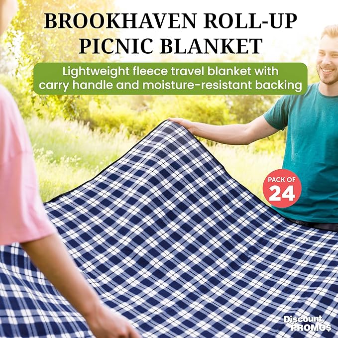 DISCOUNT PROMOS 24 Brookhaven Roll Up Picnic Blankets Set - Customizable Text Logo - Fleece Woven Handle - Navy Blue