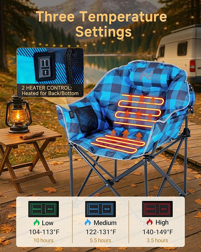Slsy Oversized Heated Camping Chair Heavy Duty Folding Chair 500 lbs Support with Padded Seat Portable for Camping Outdoor Sports Patio &amp Picnics