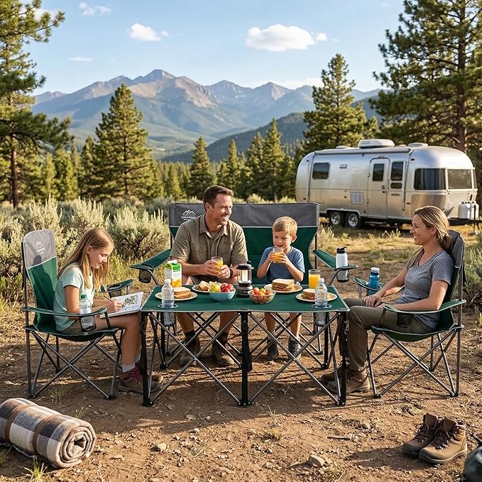 Oversized 4 Pcs Camping Chair Set with TableOutdoor Folding Heavy Duty Lawn ChairCup HolderPortableLoveseat Chair Perfect for Family HikingPicnics and Beach TripsDark Green