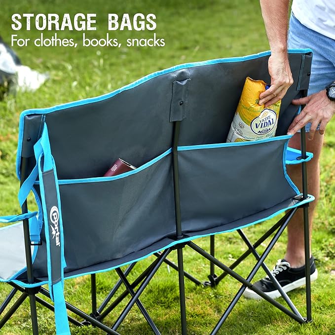 Portal 2 Person Camping Loveseat Folding Double Duo Camp Chair for Adults High Back Outdoor Support 500 lbs Blue