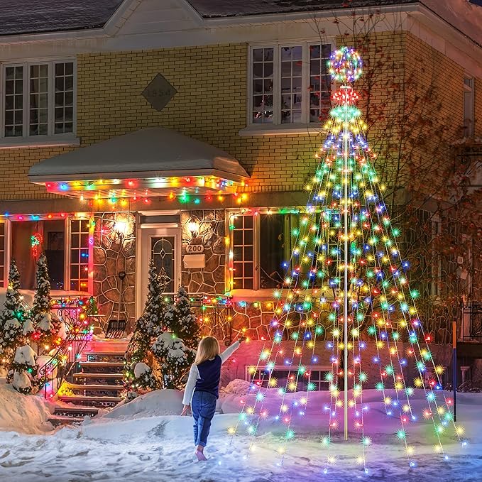 Flacchi Christmas Outdoor Star String Lights - Pole Set with Remote Multiple Lighting Modes Timer and Waterproof Feature (Cool White &amp Multicolor Ball 10 FT/432 LED)