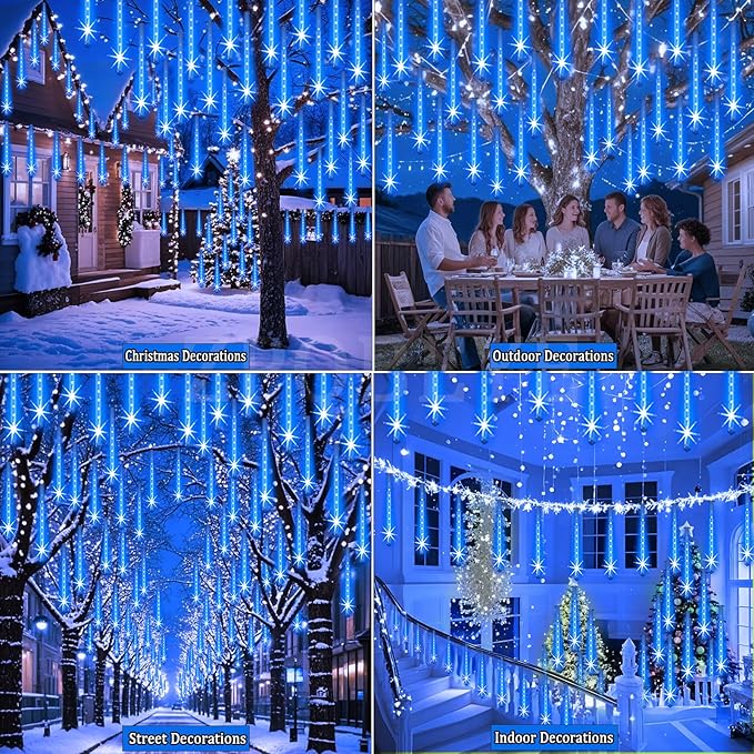 Christmas Lights Outdoor Meteor Shower Lights 24-Tube 576LEDs Snow Falling Rain Cascading Icicle Light for Xmas Tree Christmas Decorations Wedding Party Holiday Garden Decor UL Plug Blue