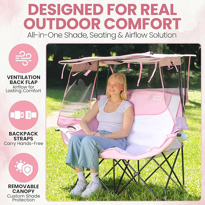 Night Market Double Camping Chair – Camping Couch Double Folding Chair with Removable Canopy Portable Loveseat for Outdoor Beach and Sports