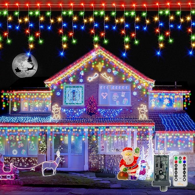 Ollny Icicle Lights for Outside 720LED 60FT Multicolor Christmas Lights with Remote 8 Modes Dimmable Waterproof Connectable Timer Hanging Light for House Outdoor Yard Indoor Decorations
