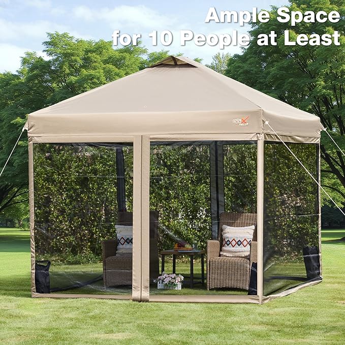 10x10 Pop Up Canopy Tent with Mosquito Netting Outdoor Portable Screen Tent for Yard Party Camping and Picnic 3 Height Positions Patio Gazebo with Roller Bag and 4 Sandbags Khaki