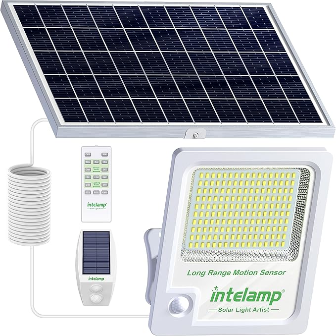 intelamp Solar Flood Lights Outdoor Waterproof Linkable 12000mAh 3000LM Motion Sensor Floodlight with Remote Control Sensor Case 16.4Ft Cable Dusk to Dawn Lighting Lamp for Street Outside House