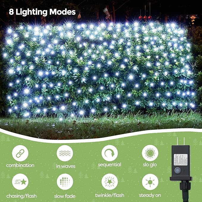 WBao Outdoor Christmas Lights 360LED 11.5ft x 6.9ft Net Lights with 8 Modes Timer UL Certified End to End Connectable Waterproof for Lawn Bushes Trees Outdoor Christmas Decorations Cool White