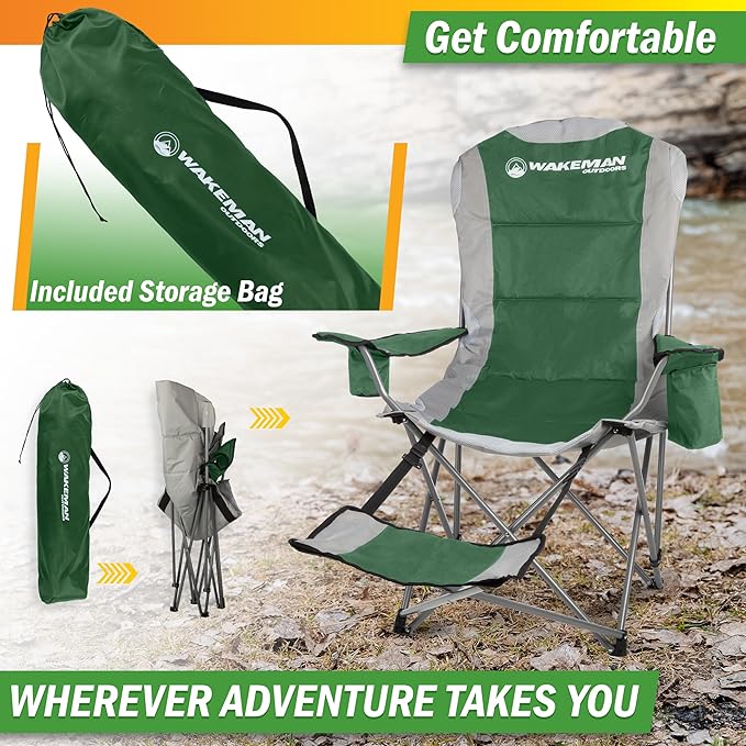 Camping Chair with Foot Rest - 300lb Capacity Beach Chair with Footrest Cupholder and Cooler Pouch - Portable Chair by Wakeman Outdoors (Green)