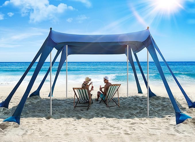 Beach Tent Beach Canopy Sun Shade with UPF50+ UV Protection 10x10ft Includes 8 Sandbags Sand Shovel Ground Pegs &amp 4 Stability Poles Pop Up Sun Shelter for Camping Picnics Backyard Fun