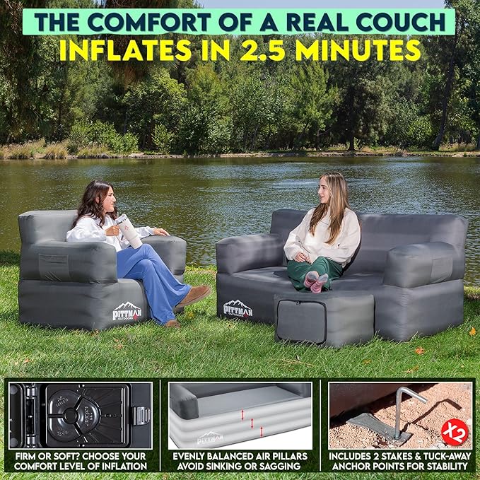 Pittman - Inflatable Furniture Set with Built in Pump for Outdoors &amp Indoors - Blow Up Couch Set has Heavy Duty Puncture Resistant Fabric for Inflatable Sectional Comfort &amp Durability if Campi