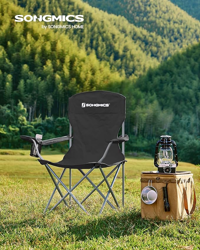 SONGMICS Set of 2 Folding Camping Chairs Comfortable Heavy Duty Structure Max. Load Capacity 330 lb Outdoor Chair with Cup Holder for Camping Garden Fishing Terrace Black UGCB08BK