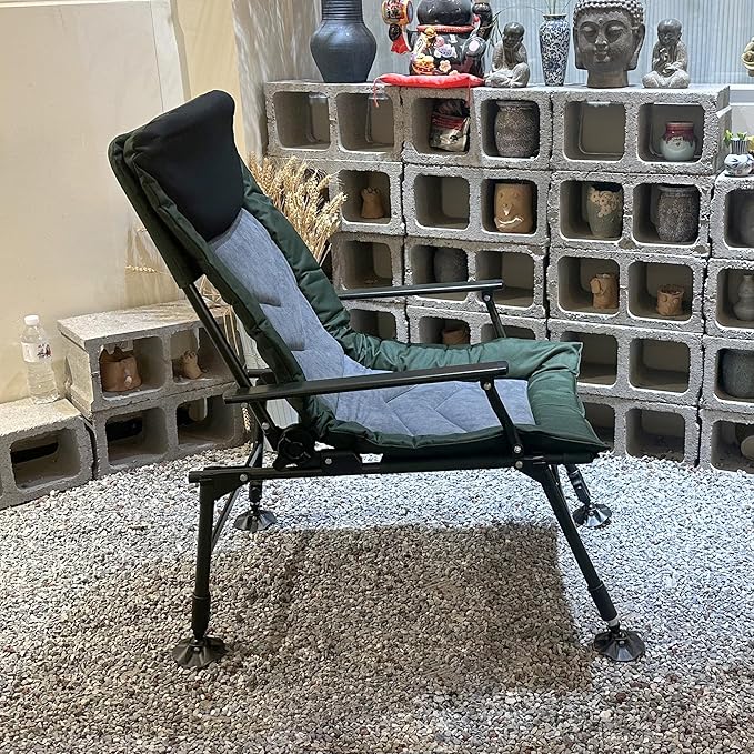 Camping Lounge Chair Portable Folding Reclining Camping Chair with Adjustable backrest for Indoor and Outdoor Camping Beach Hiking Fishing Green+Black+Grey