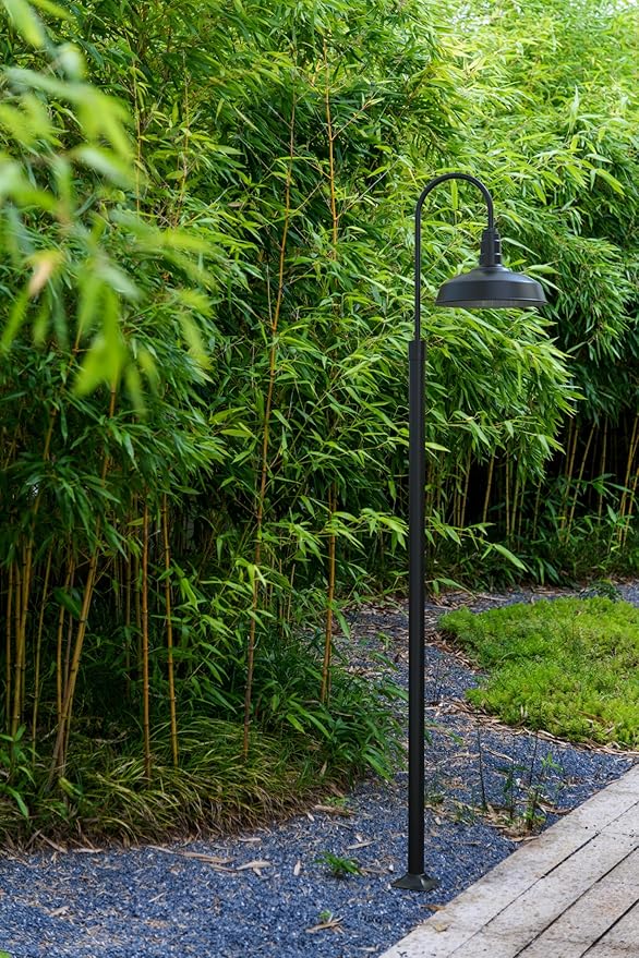 Steel Lighting Co. Gardena Barn Light | Outdoor Pole Top Mounted | 16 Dome | Upslope Gooseneck with Slip Fitter for 2-3/8 Standard Poles | Made in America | Matte Black Exterior/White Interior