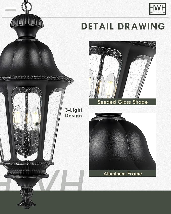 Outdoor Pendant Lights for Porch HWH 26'' Large Exterior Hanging Light Fixtures with Seeded Glass Outdoor Hanging Chandelier for Porch Patio Gazebo Hallway Matte Black Finish 5HW90H-L BK