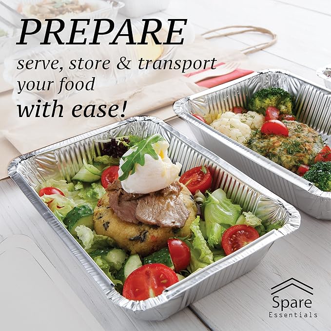 Spare Essentials 55 Pack - 2.25 LB To Go Aluminum Containers with Lids - Heat Proof Foil Tins for Meal Prep Take Out Freezer Meals