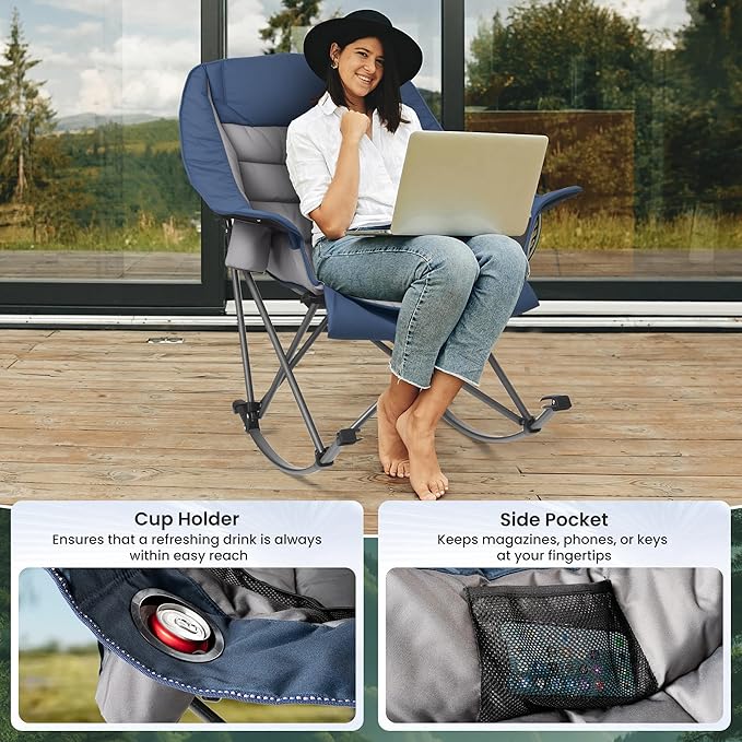 Oversized Rocking Camping Chair for Adults 400LBS Capacity Foldable Outdoor Rocker with Padded Seat Cup Holder Portable Camp Chair for Camping Backyard Patio BeachBlue 2 PCS