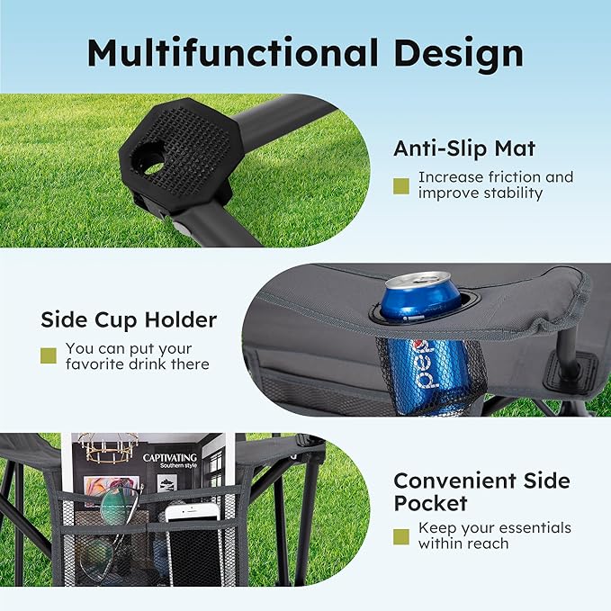 ALPHA CAMP Camping Chair 2 Pack Portable Chair with 3-Can Cooler Folding Chair with Side Pocket and Cup Holder Collapsible for Camping Tailgates Beach Fishing and Sports2PC