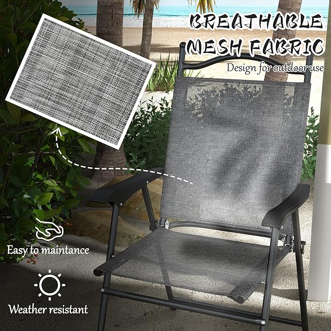 Outsunny Folding Patio Chairs Set of 4 Sports Chairs for Adults Camping Chairs with Armrests Breathable Mesh Fabric Seat for Lawn Gray