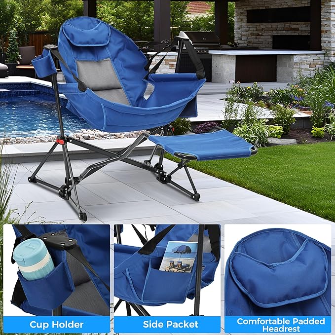 Ainfox Hammock Camping Chair with Footrest Heavy Duty Foldable Portable Rocking Hammock Chairs Outside Swinging Camp with Cup Holder Pillow for Outdoor Patio Poolside Blue 2 Pack