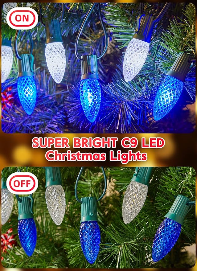 Minetom 100 Feet Led Christmas LightsBlue White C9 Christmas String Lights Outdoor 100 Strawberry Bulbs Connectable UL Certified for Indoor Outdoor Roofline Patio Holiday Party Backyard Xmas Decor