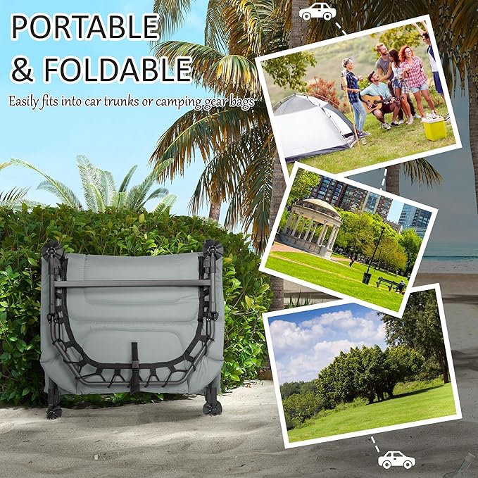 Camping Cot for Adults Folding Bed with Soft Padded Cushions Headrest 180° Adjustable Reclining Lounger Heavy Duty and Portable with a 400 lbs. Capacity Gray