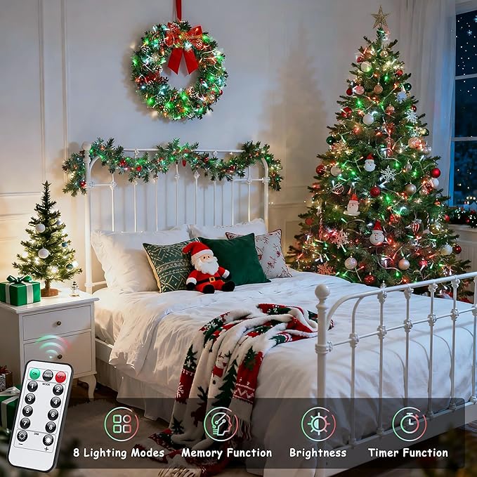JMEXSUSS 2 Pack Red White and Green Christmas Lights Battery Operated Each 33ft 100 LED Battery String Lights with Remote Christmas String Lights for Tree Bedroom Porch Garland Yard Xms Decor