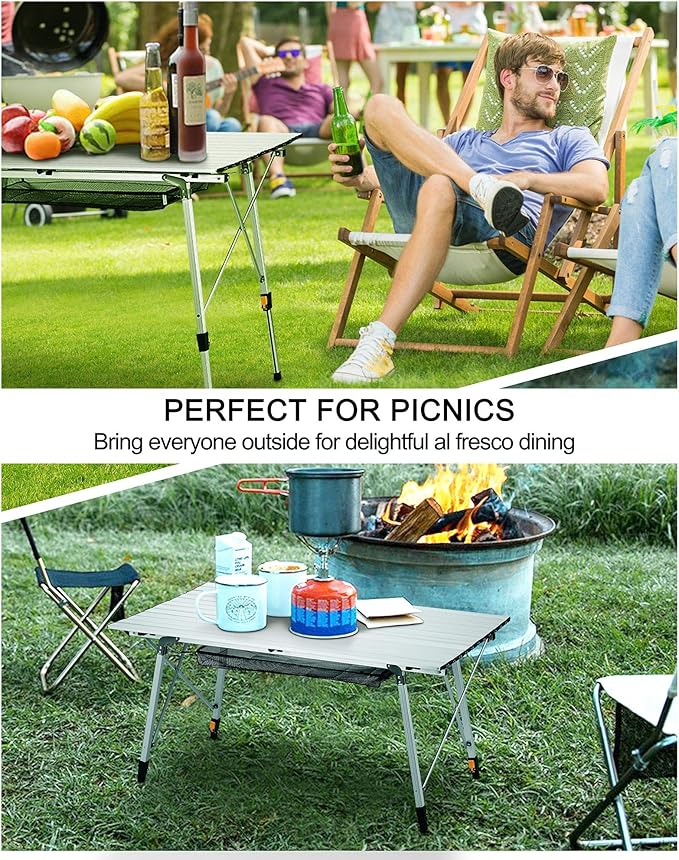 FiveJoy Folding Camping Table Outdoor Portable Picnic Camp Table with Aluminum Legs Adjustable Height Roll Up Table with Mesh Layer for Picnic Beach Grill Backyard Kitchen
