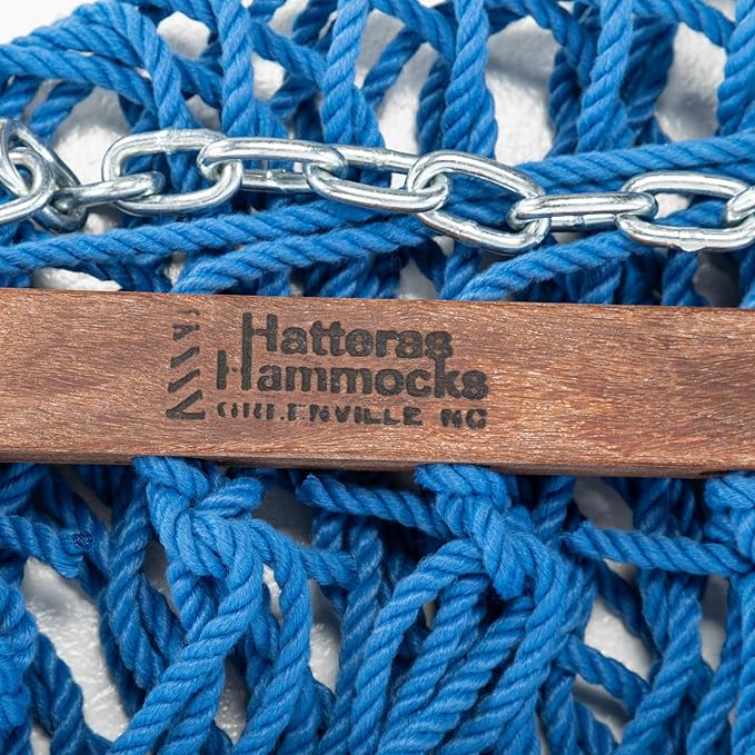 Hatteras Hammocks Deluxe Coastal Blue Duracord Rope Hammock with Free Extension Chains &amp Tree Hooks Handcrafted in The USA 450 LB Weight Capacity 13 ft. x 60 in