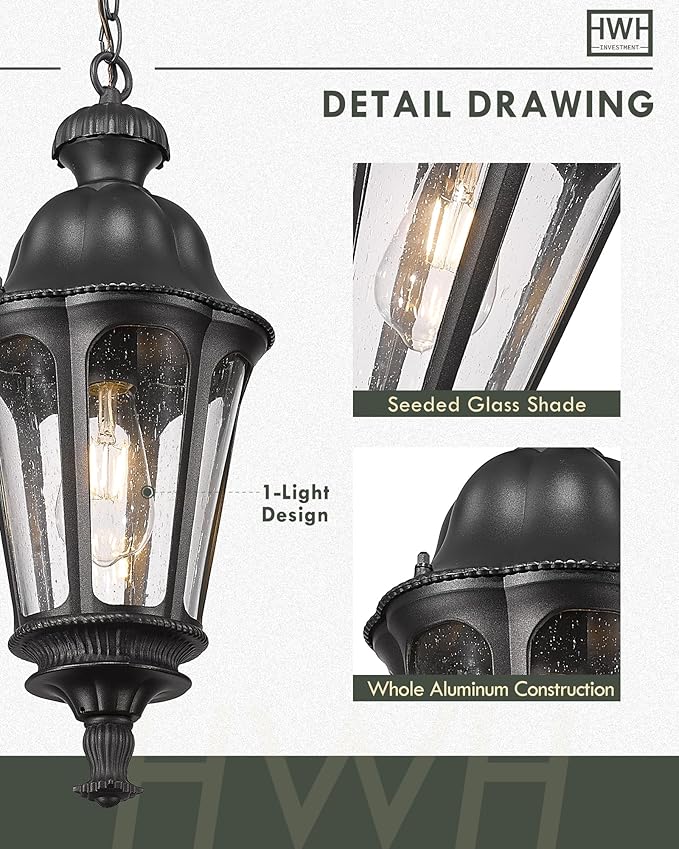 Outdoor Pendant Lights for Porch HWH 20'' Large Outdoor Chandelier for Gazebo with Seeded Glass Exterior Hanging Lantern Light Fixtures Matte Black Finish 5HW90H-M BK