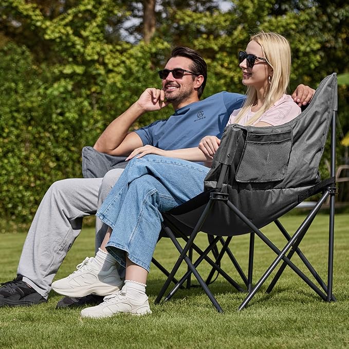 Double Camping Chair Heavy Duty Oversized Padded Loveseat for Adults 2 Person Outdoor Portable Camping Chairs for Lawn Backyard Fishing Trip Support 600lbs Grey