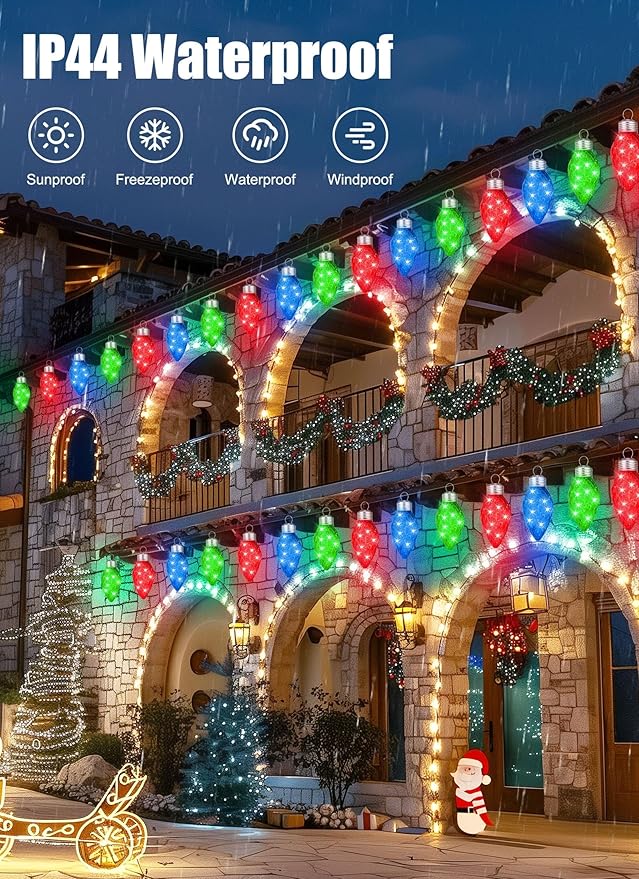 Brightown 6ct Twinkling Multicolor LED Jumbo C9 C7 Bulb Christmas Lights 18Ft with 15 LEDs in Each Strawberry Bulb Connectable Hanging String Lights for Outdoor Porch Xmas Trees Roof Decoration