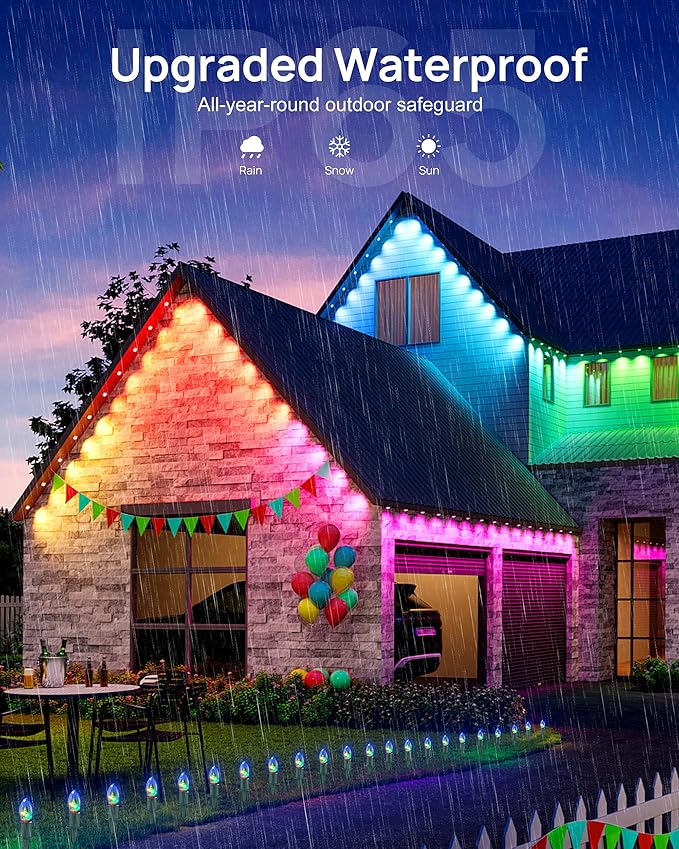 VCOKEN Permanent Outdoor Lights 111FT with Smart 72 RGB LED Light for House &amp Outdoor Decor DIY Scene Mode IP65 Waterproof Eaves Lighting with App Control Remote for Christmas and Holiday Decor