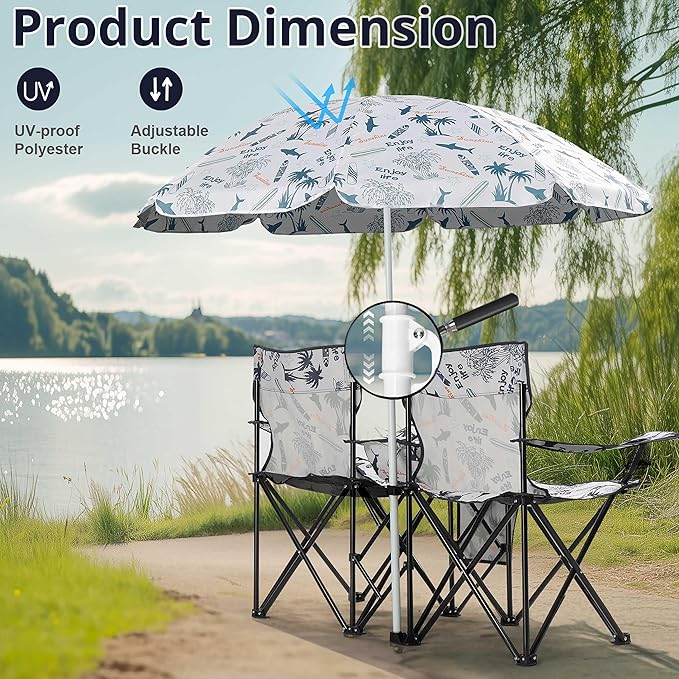 Portable Loveseat Folding Camping Chair w/Detachable Umbrella Heavy-Duty Steel &amp Oxford Material Fishing Chair for Beach Outdoor Activities Compact Design with Carrying Bag Load 180 LBS Per S