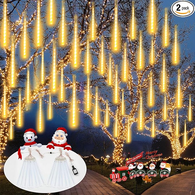 2 Pack Extendable Christmas Lights Decorations Outdoor 16 Tubes 384 LEDs Meteor Shower Lights with Timer Cascading Falling Rain String Lights Plug in for Holiday Graden Tree Xmas Decor (Warm White)