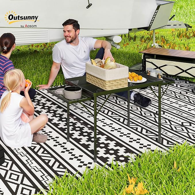 Outsunny Folding Grill Table 4.5 ft Portable Camping Table with 2 Wing Panels Height Adjustable Metal Outdoor Table with Mesh Desktop for Picnic Beach BBQ Party Black