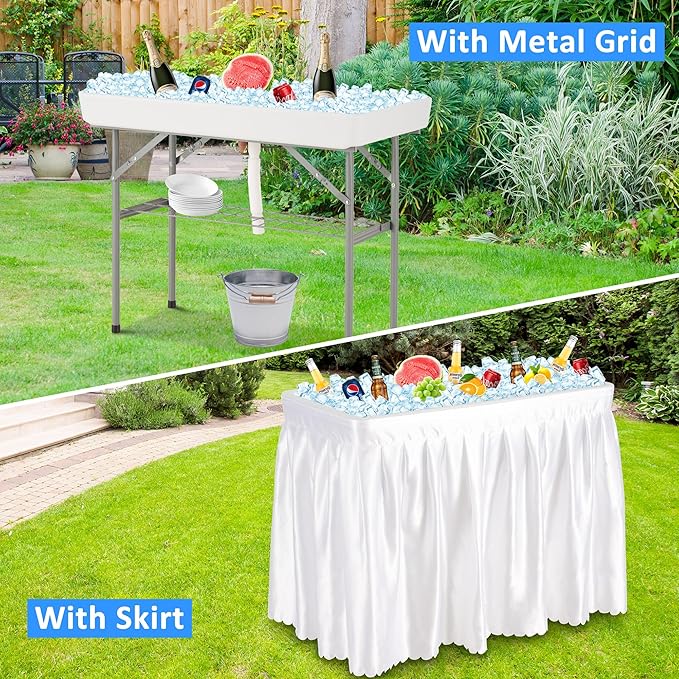 Dragosum Outdoor Cooler Table with Drain Folding Ice Cooler Table with Removable Matching Skirt Portable Table Coolers 4 Foot for Party BBQ Camping Wedding