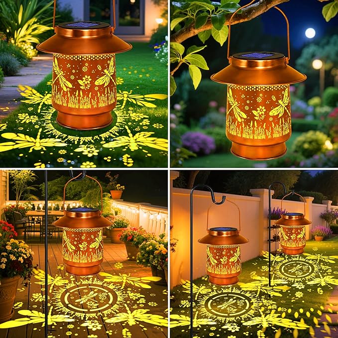 Dragonfly Solar Lanterns Outdoor Waterproof  Garden Decor Birthday Gifts for Women Mom GrandmaMetal Hanging Solar Lights Outside Decorative for Yard Patio Backyard Pathway Porch