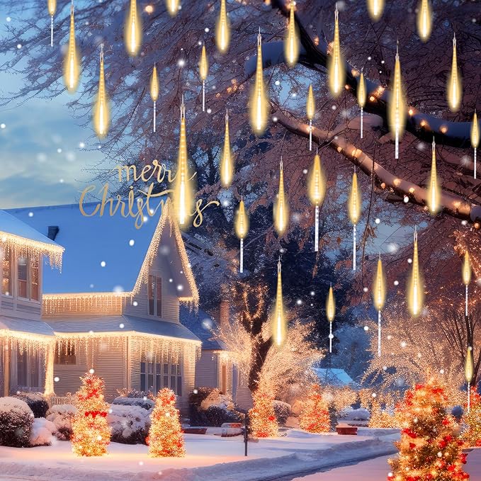 Brightown Meteor Shower Lights Outdoor 16 Inches 16 Tubes 576 LED Icicle Lights Waterproof Meteor Christmas Light Outdoor Hanging Falling Rain Light for Tree Holiday Party Christmas Warm White