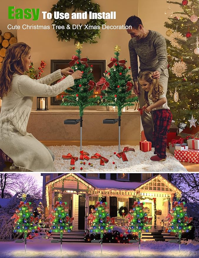Solar Christmas Decorations Trees Lights Outdoor Waterproof 40LED-Lights Solar Yard Decorative Solar Stake Lights Xmas Tree Garden Decor with Constant &amp Flashing Modes for Pathway Lawn Patio 2P