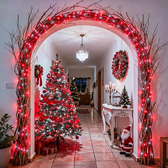 JMEXSUSS 2 Pack Red and White Battery Christmas Lights Each 33ft 100 LED Battery Powered String Lights with Remote for Tree Patio Yard House Party Birthday Outside