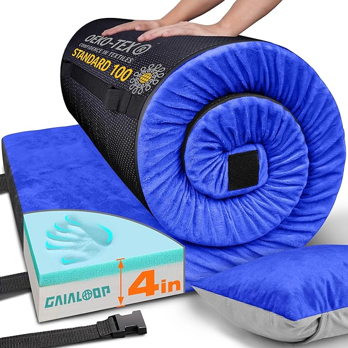 Extra Thick GAIALOOP 4 INCH Memory Foam Camping Mattress Roll Up Floor Sleeping Mat Camp Cot Mattress Pad Travel Camping Couch Bed for Guest Adults Side Sleepers