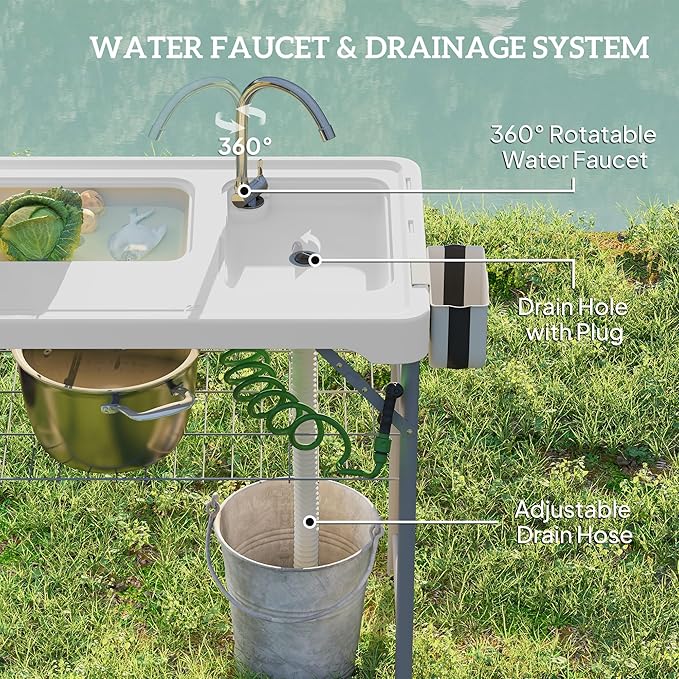 Outsunny Folding Fish Cleaning Table with Sinks Portable Camping Sink Table with Faucet Drainage Hose Sprayer Shelf Drawer and Storage Basket Outdoor Fillet Table for Picnic Beach Patio White